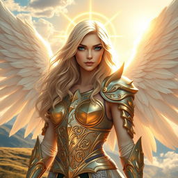 A stunning fantasy character, a 30-year-old aasimar woman with flowing, wavy blonde hair that cascades down her shoulders