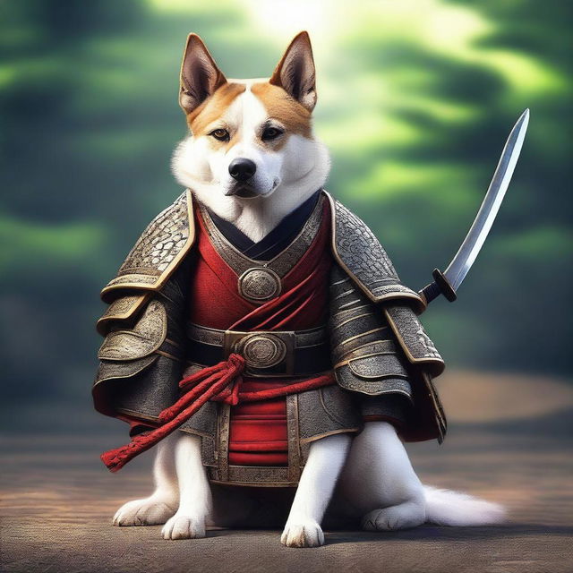 A hyper-realistic digital art image featuring a brave dog in a samurai costume