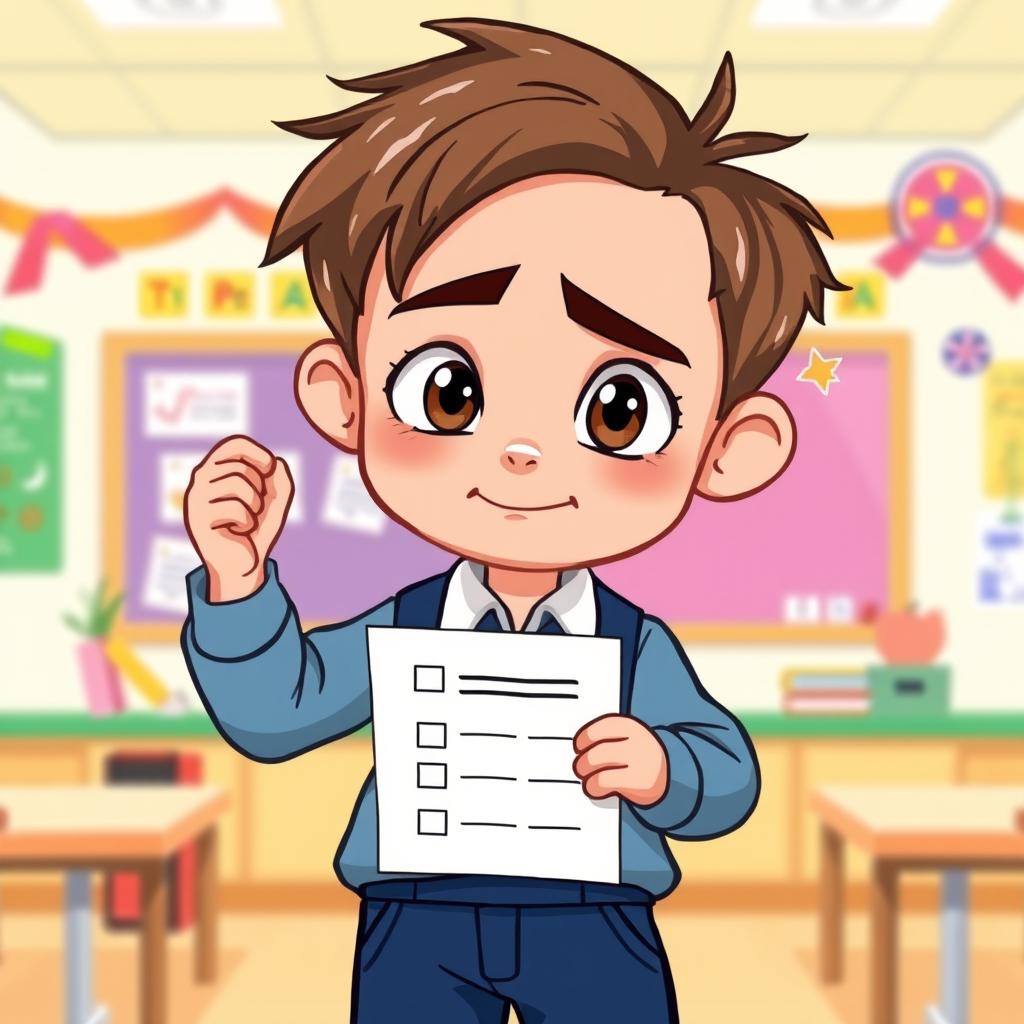 A cartoon illustration of a young boy in a school uniform, holding his test paper proudly but with a small smile