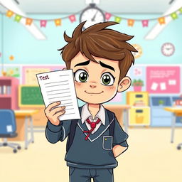 A cartoon illustration of a young boy in a school uniform, holding his test paper proudly but with a small smile