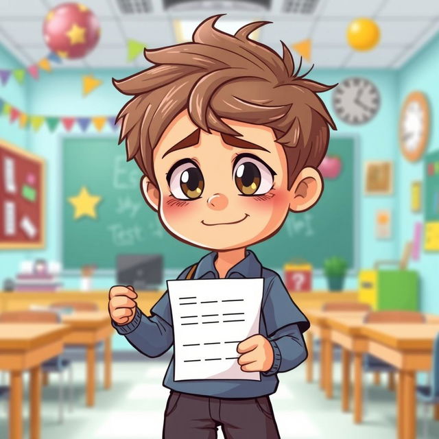 A cartoon illustration of a young boy in a school uniform, holding his test paper proudly but with a small smile