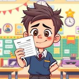 A cartoon illustration of a young boy in a school uniform, holding his test paper proudly but with a small smile