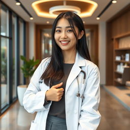 A gorgeous South Korean doctor with large breasts, playfully flirting while wearing her white coat over professional attire