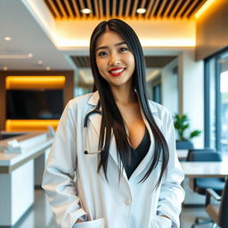 A gorgeous South Korean doctor with large breasts, playfully flirting while wearing her white coat over professional attire
