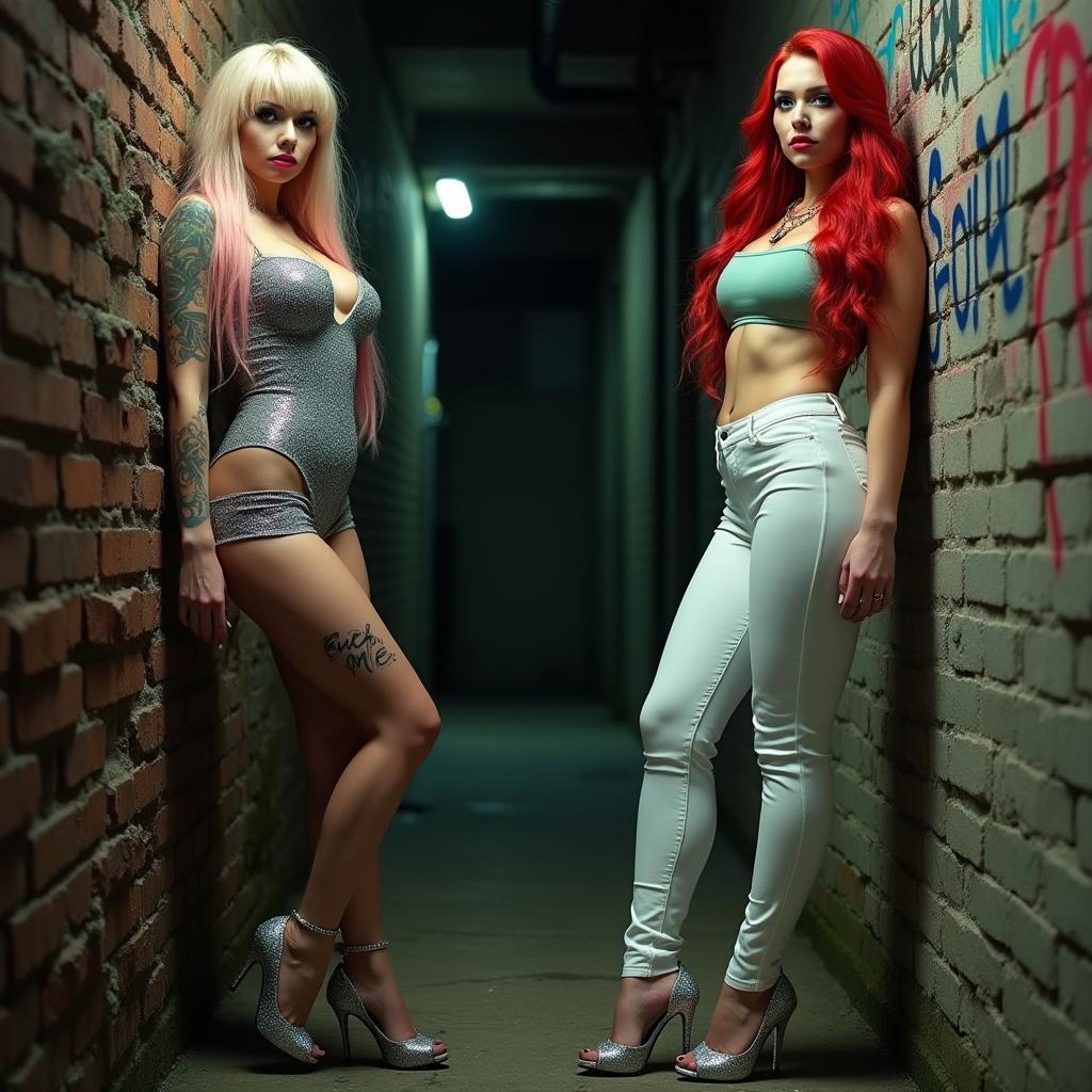 In a dimly lit alleyway, two captivating girls lean against opposite walls, facing the viewer with a seductive and serious demeanor