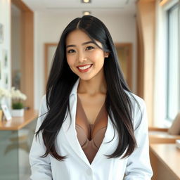 A stunning South Korean doctor with large breasts, playfully flirting while wearing her white lab coat over a stylish professional outfit