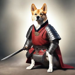 A hyper-realistic digital art image featuring a brave dog in a samurai costume