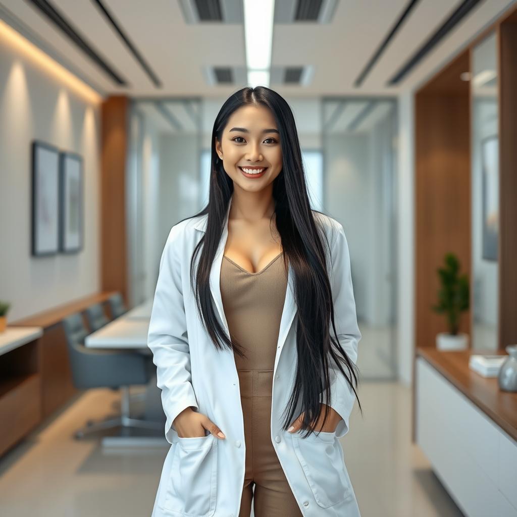 A stunning South Korean doctor with large breasts, playfully flirting while wearing her white lab coat over a stylish professional outfit