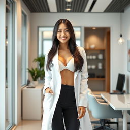 A stunning South Korean doctor with large breasts, playfully flirting while wearing her white lab coat over a stylish professional outfit