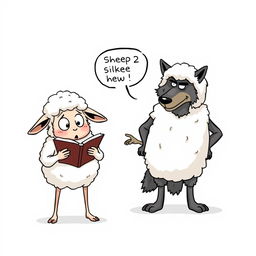 A single-panel cartoon depicts three anthropomorphic characters: two sheep and a wolf in a poorly disguised sheepskin