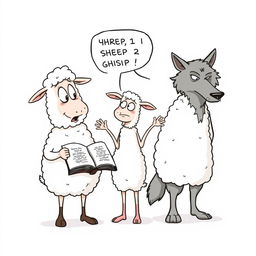 A single-panel cartoon depicts three anthropomorphic characters: two sheep and a wolf in a poorly disguised sheepskin