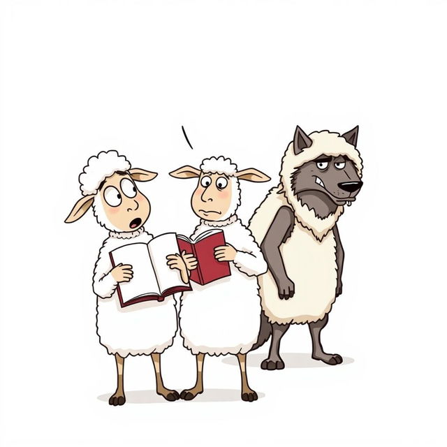 A single-panel cartoon depicts three anthropomorphic characters: two sheep and a wolf in a poorly disguised sheepskin