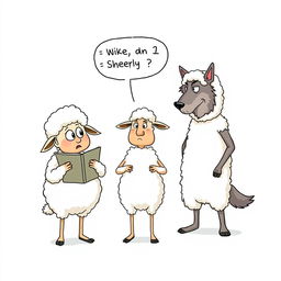 A single-panel cartoon depicts three anthropomorphic characters: two sheep and a wolf in a poorly disguised sheepskin