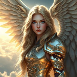 A stunning depiction of a beautiful 30-year-old aasimar fantasy character with long, wavy blonde hair cascading down her back