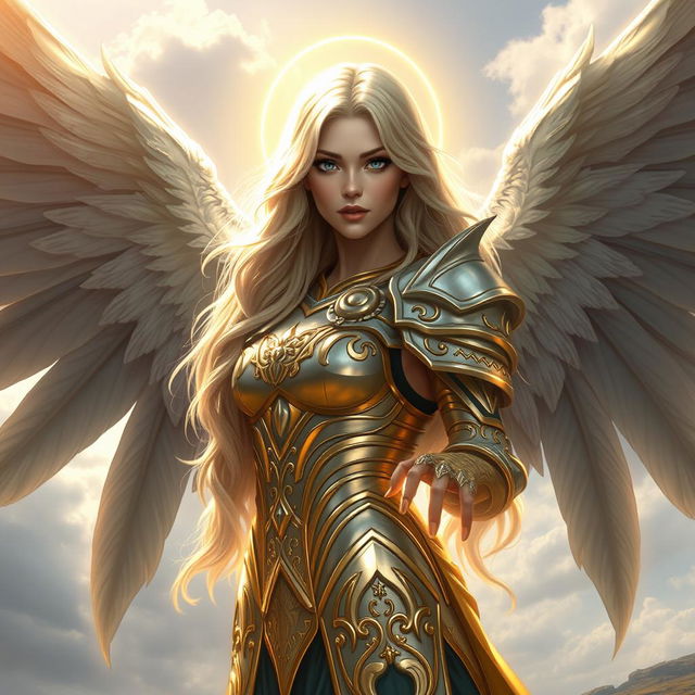 A stunning depiction of a beautiful 30-year-old aasimar fantasy character with long, wavy blonde hair cascading down her back