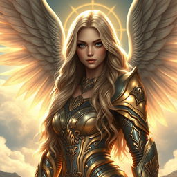 A stunning depiction of a beautiful 30-year-old aasimar fantasy character with long, wavy blonde hair cascading down her back