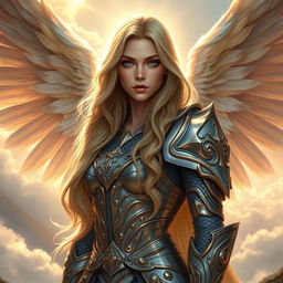 A stunning depiction of a beautiful 30-year-old aasimar fantasy character with long, wavy blonde hair cascading down her back