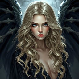 A beautiful 30-year-old dark fallen aasimar character with wavy blonde hair and striking dark blue eyes