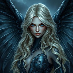 A beautiful 30-year-old dark fallen aasimar character with wavy blonde hair and striking dark blue eyes