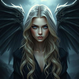 A stunning portrayal of a dark fallen aasimar fantasy character, around 30 years old