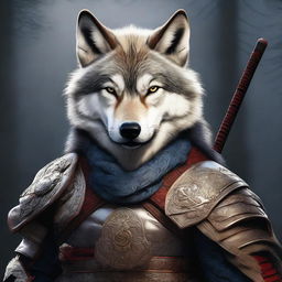 A hyper-realistic digital art image showcasing a brave wolf as a samurai