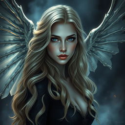 A stunning portrayal of a dark fallen aasimar fantasy character, around 30 years old