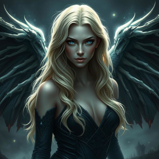 A stunning portrayal of a dark fallen aasimar fantasy character, around 30 years old