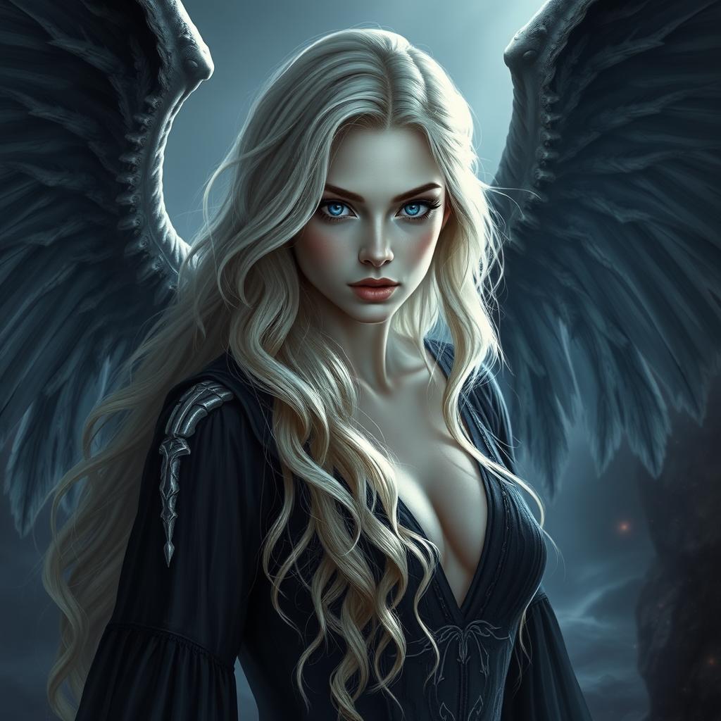A stunning portrayal of a dark fallen aasimar fantasy character, around 30 years old