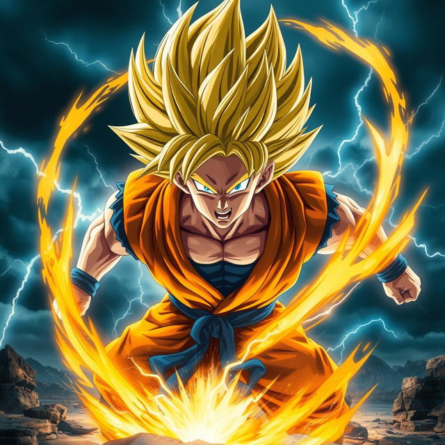 An ultra-detailed depiction of Goku undergoing his transformation into Super Saiyan in a cinematic environment