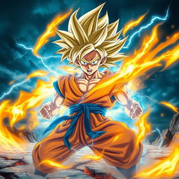 An ultra-detailed depiction of Goku undergoing his transformation into Super Saiyan in a cinematic environment