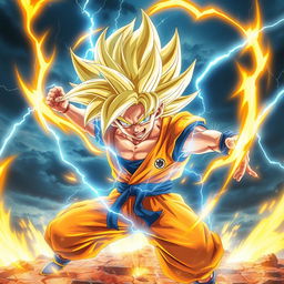 An ultra-detailed depiction of Goku undergoing his transformation into Super Saiyan in a cinematic environment