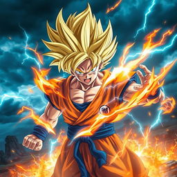 An ultra-detailed depiction of Goku undergoing his transformation into Super Saiyan in a cinematic environment