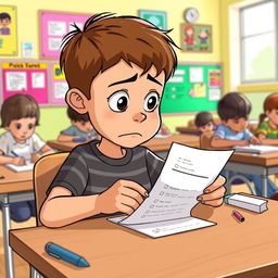 A cartoon scene depicting a young boy sitting at a wooden desk in a classroom, looking intently at his test paper