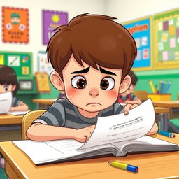 A cartoon scene depicting a young boy sitting at a wooden desk in a classroom, looking intently at his test paper