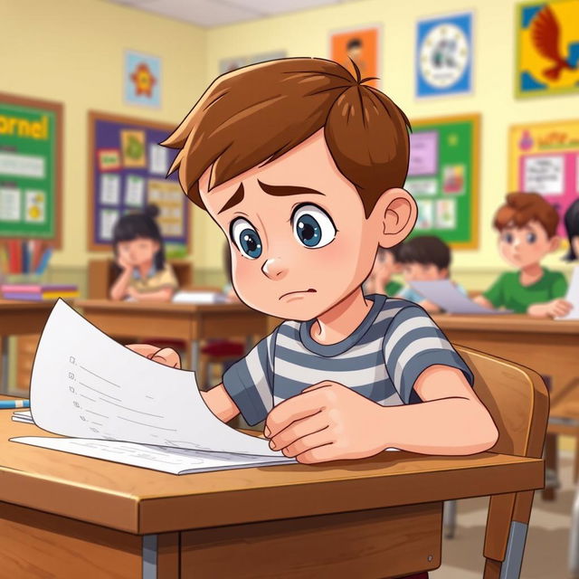 A cartoon scene depicting a young boy sitting at a wooden desk in a classroom, looking intently at his test paper