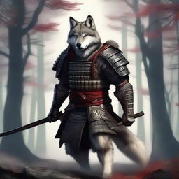 A hyper-realistic digital art image showcasing a brave wolf as a samurai