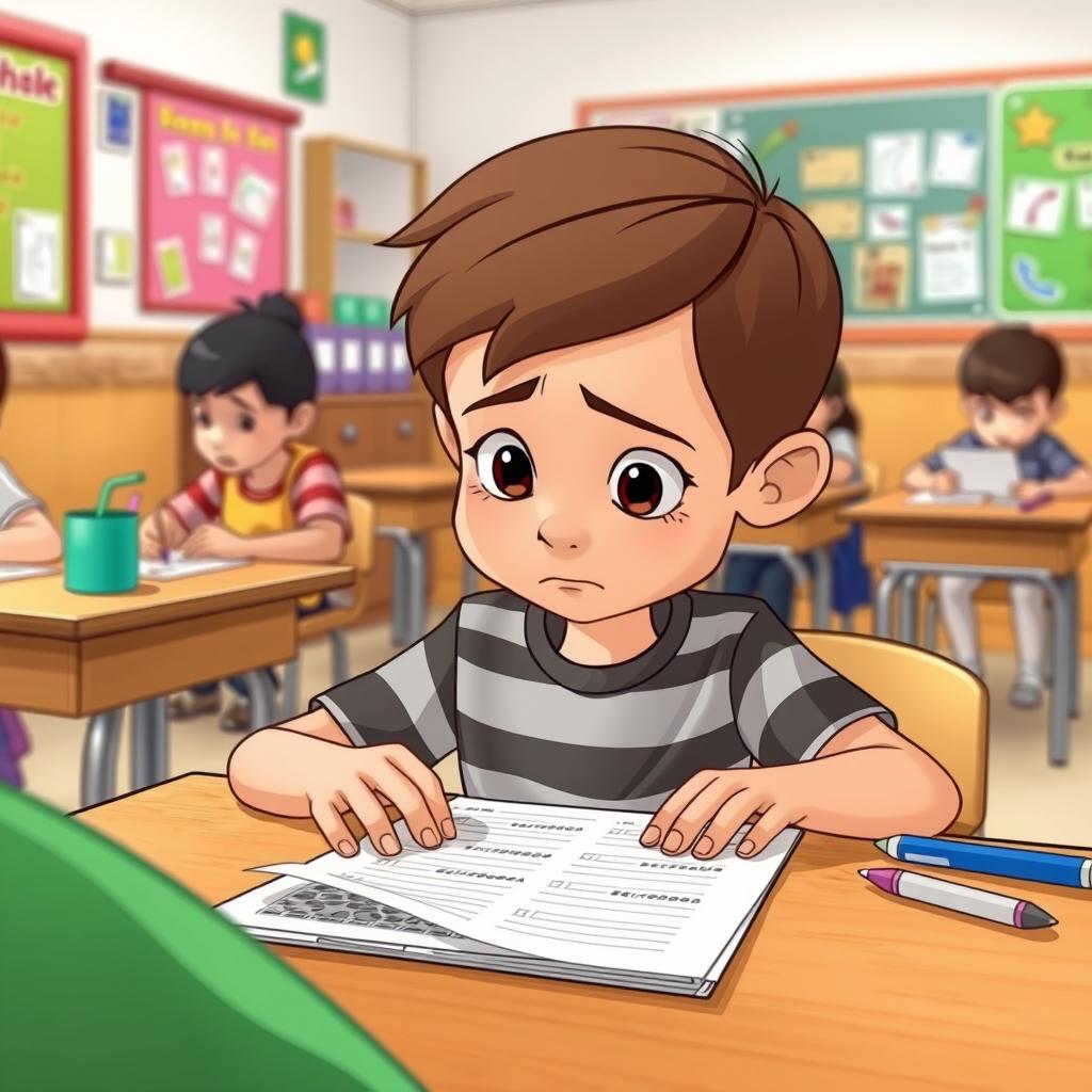 A cartoon scene depicting a young boy sitting at a wooden desk in a classroom, looking intently at his test paper