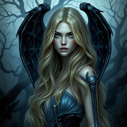A beautiful 30-year-old dark cursed fallen aasimar with long, wavy blonde hair cascading down her shoulders