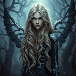 A beautiful 30-year-old dark cursed fallen aasimar with long, wavy blonde hair cascading down her shoulders