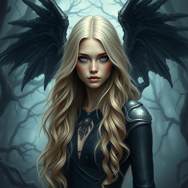 A beautiful 30-year-old dark cursed fallen aasimar with long, wavy blonde hair cascading down her shoulders