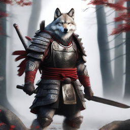 A hyper-realistic digital art image showcasing a brave wolf as a samurai