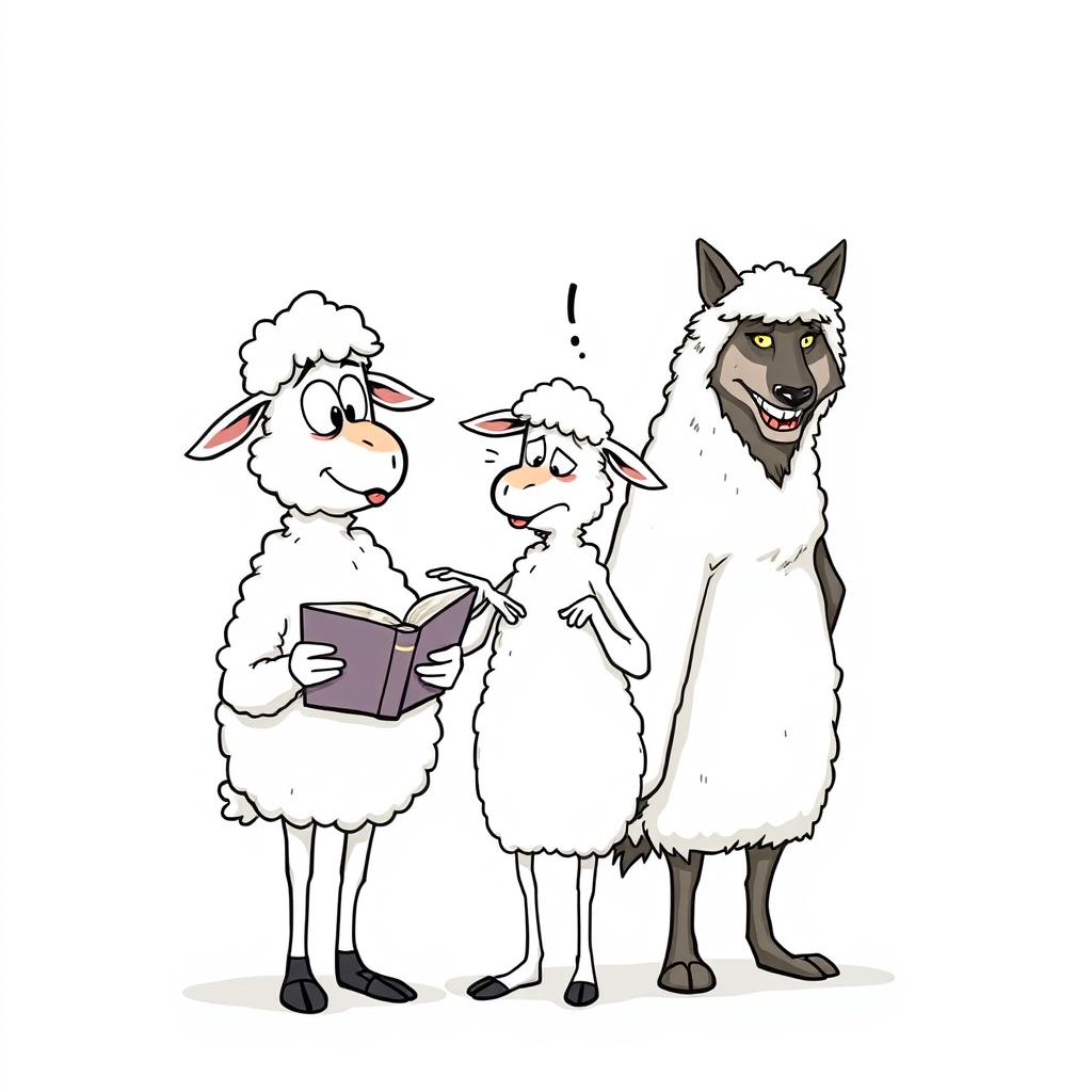 A single-panel cartoon features three anthropomorphic characters: two sheep and a wolf in a poorly disguised sheepskin