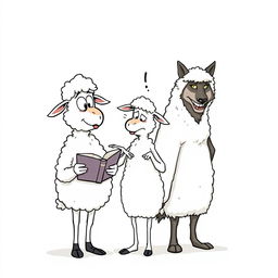 A single-panel cartoon features three anthropomorphic characters: two sheep and a wolf in a poorly disguised sheepskin