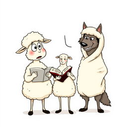 A single-panel cartoon features three anthropomorphic characters: two sheep and a wolf in a poorly disguised sheepskin