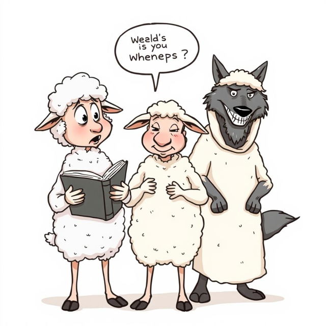 A single-panel cartoon features three anthropomorphic characters: two sheep and a wolf in a poorly disguised sheepskin