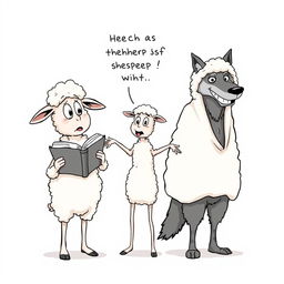 A single-panel cartoon features three anthropomorphic characters: two sheep and a wolf in a poorly disguised sheepskin