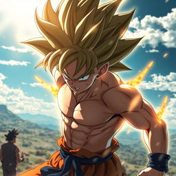 An ultra-detailed scene depicting Goku in the midst of a powerful transformation, showcasing his iconic spiky hair glowing with energy, aura radiating around him, and muscular physique prominently displayed