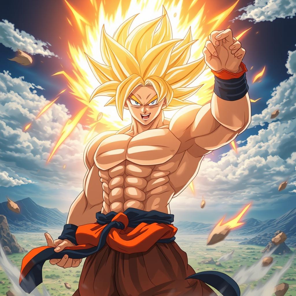 An ultra-detailed scene depicting Goku in the midst of a powerful transformation, showcasing his iconic spiky hair glowing with energy, aura radiating around him, and muscular physique prominently displayed