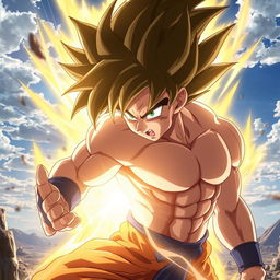 An ultra-detailed scene depicting Goku in the midst of a powerful transformation, showcasing his iconic spiky hair glowing with energy, aura radiating around him, and muscular physique prominently displayed
