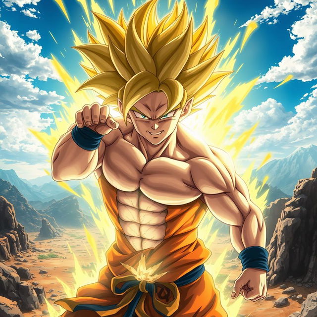 An ultra-detailed scene depicting Goku in the midst of a powerful transformation, showcasing his iconic spiky hair glowing with energy, aura radiating around him, and muscular physique prominently displayed